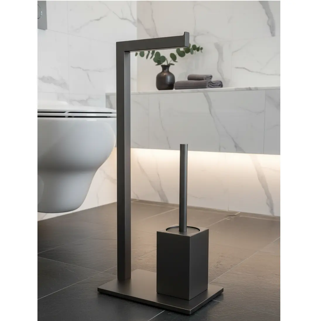 Set suport hartie igienica, baza dreptunghiulara, suport perie de toaleta si perie de toaleta, din inox, Gri, 22 x 18 x 60 cm [5]