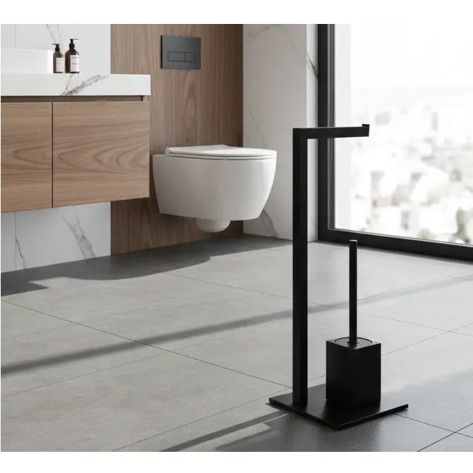 Set suport hartie igienica, baza dreptunghiulara, suport perie de toaleta si perie de toaleta, din inox, Negru, 22 x 18 x 60 cm [2]