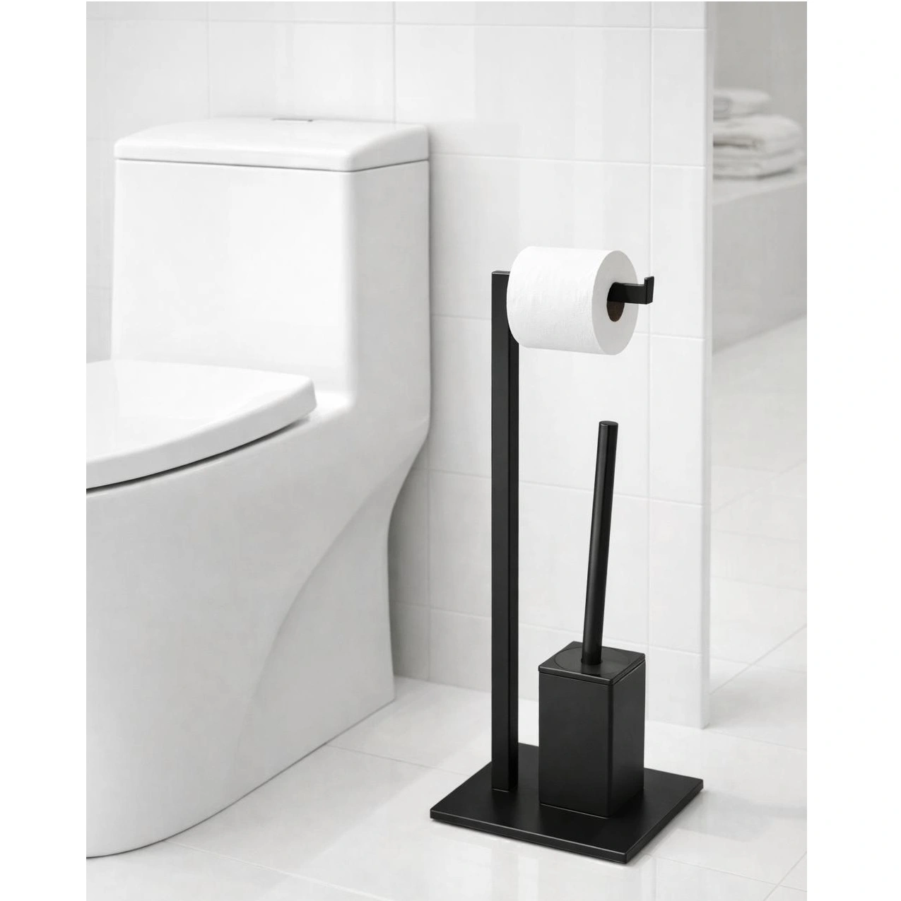 Set suport hartie igienica, baza dreptunghiulara, suport perie de toaleta si perie de toaleta, din inox, Negru, 22 x 18 x 60 cm [4]