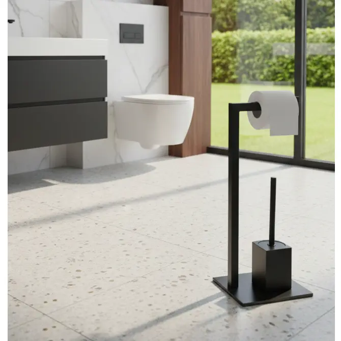 Set suport hartie igienica, baza dreptunghiulara, suport perie de toaleta si perie de toaleta, din inox, Negru, 22 x 18 x 60 cm [5]