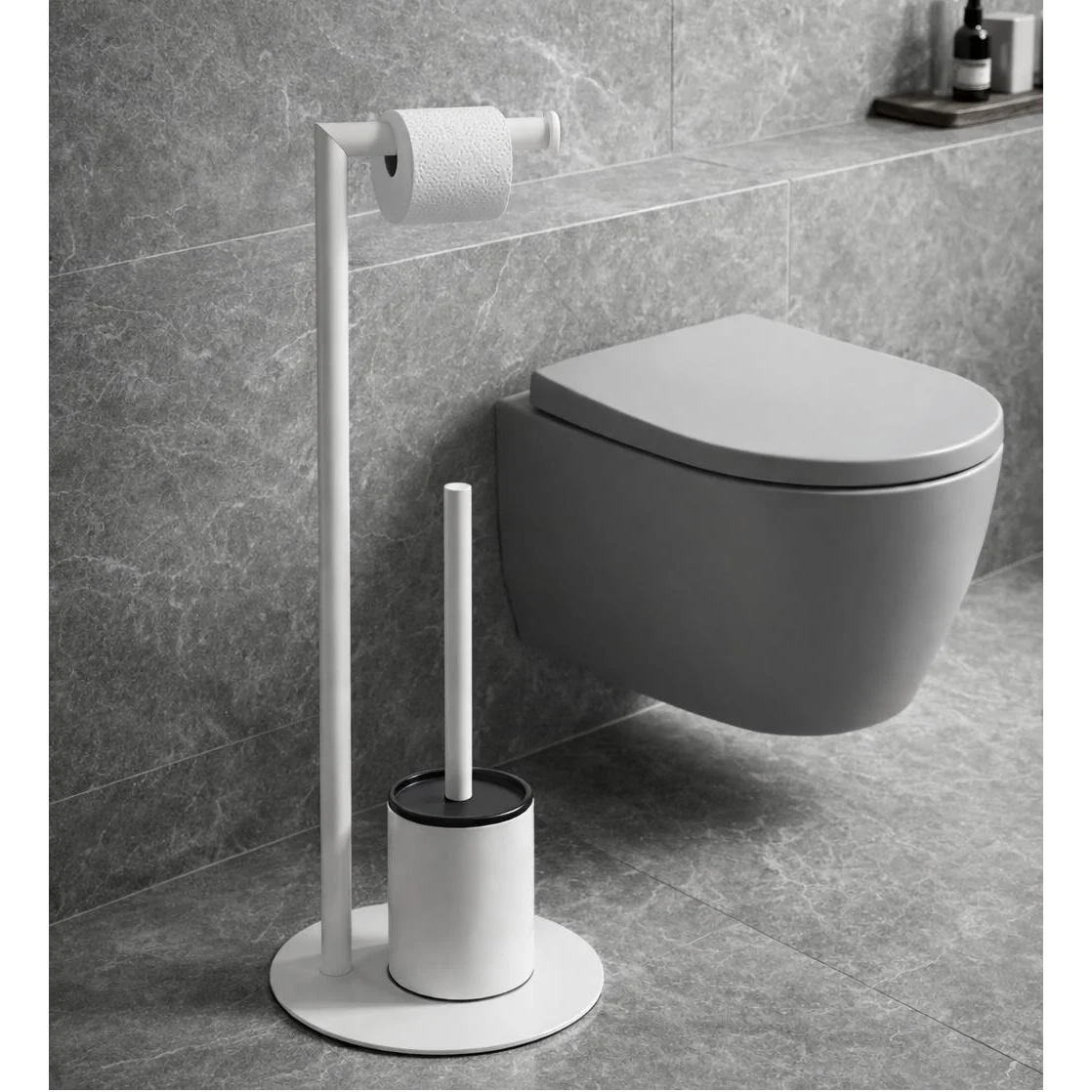 Set suport hartie igienica, suport perie de toaleta si perie de toaleta, din inox, Alb, 21 x 60 cm [2]