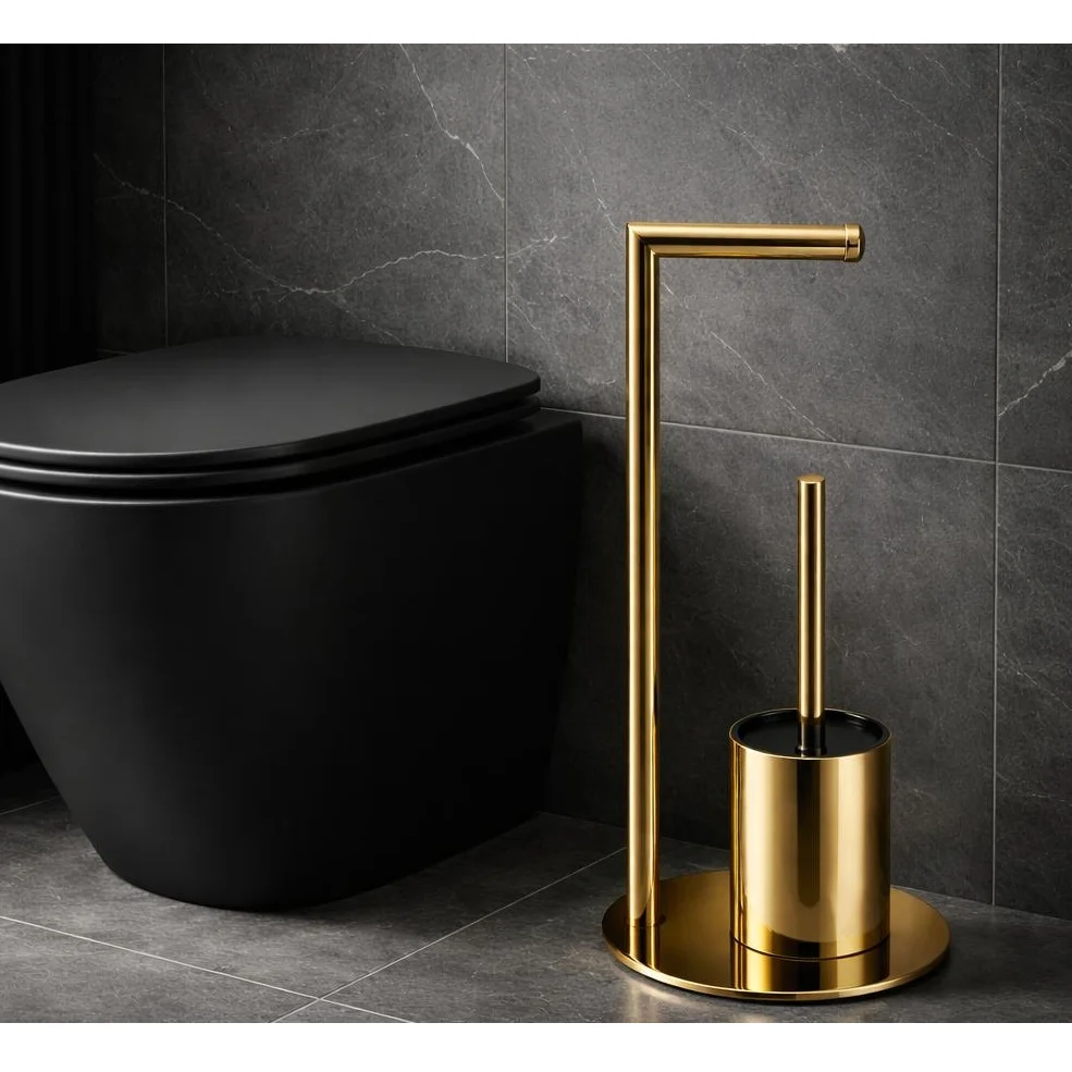 Set suport hartie igienica, suport perie de toaleta si perie de toaleta, din inox, Auriu intens, 21 x 60 cm [5]