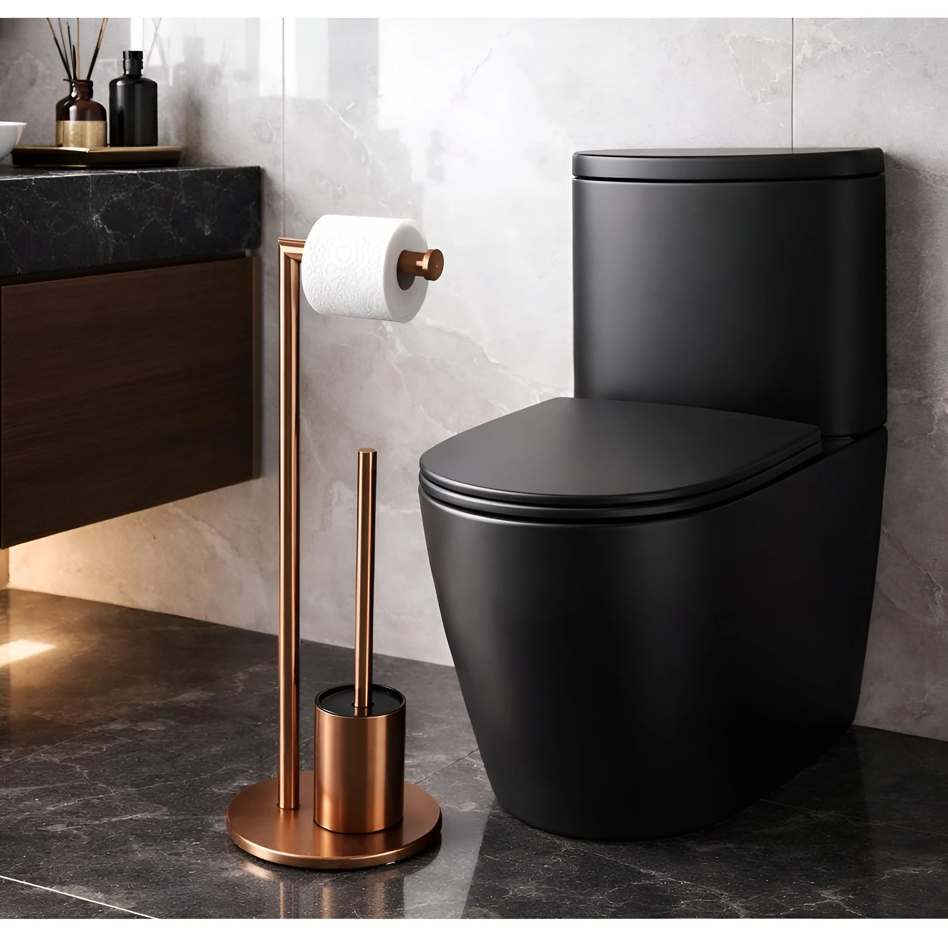 Set suport hartie igienica, suport perie de toaleta si perie de toaleta, din inox, Bronz, 21 x 60 cm [4]