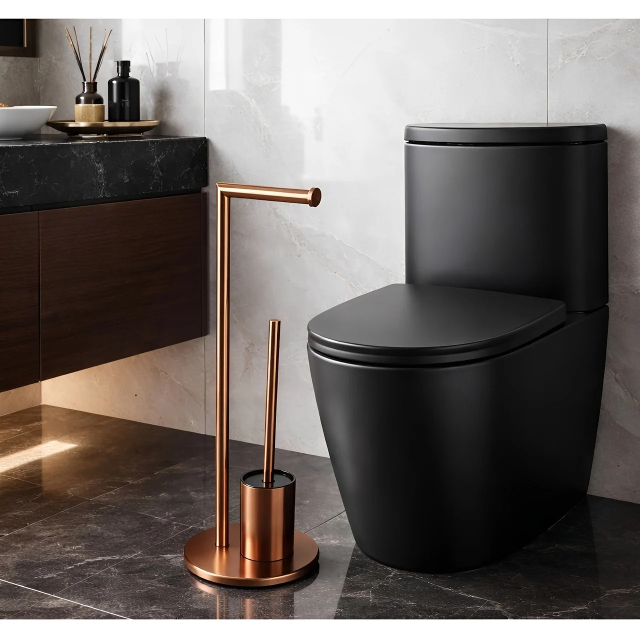 Set suport hartie igienica, suport perie de toaleta si perie de toaleta, din inox, Bronz, 21 x 60 cm [8]