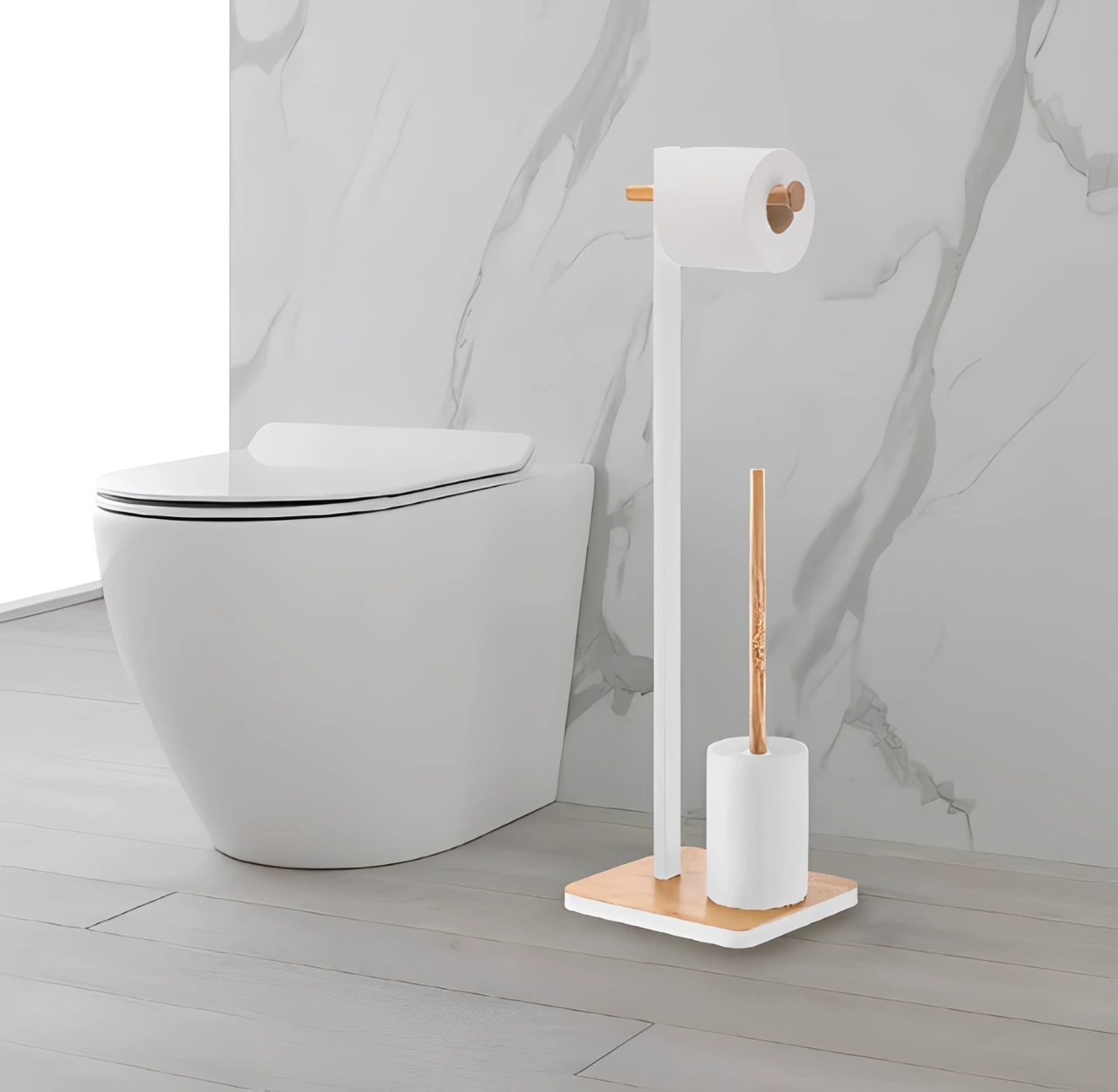 Set suport pentru hartie igienica, suport perie de toaleta si perie de toaleta, metal si bambus, Alb/Maro, 22 x 18 x 75 cm [4]