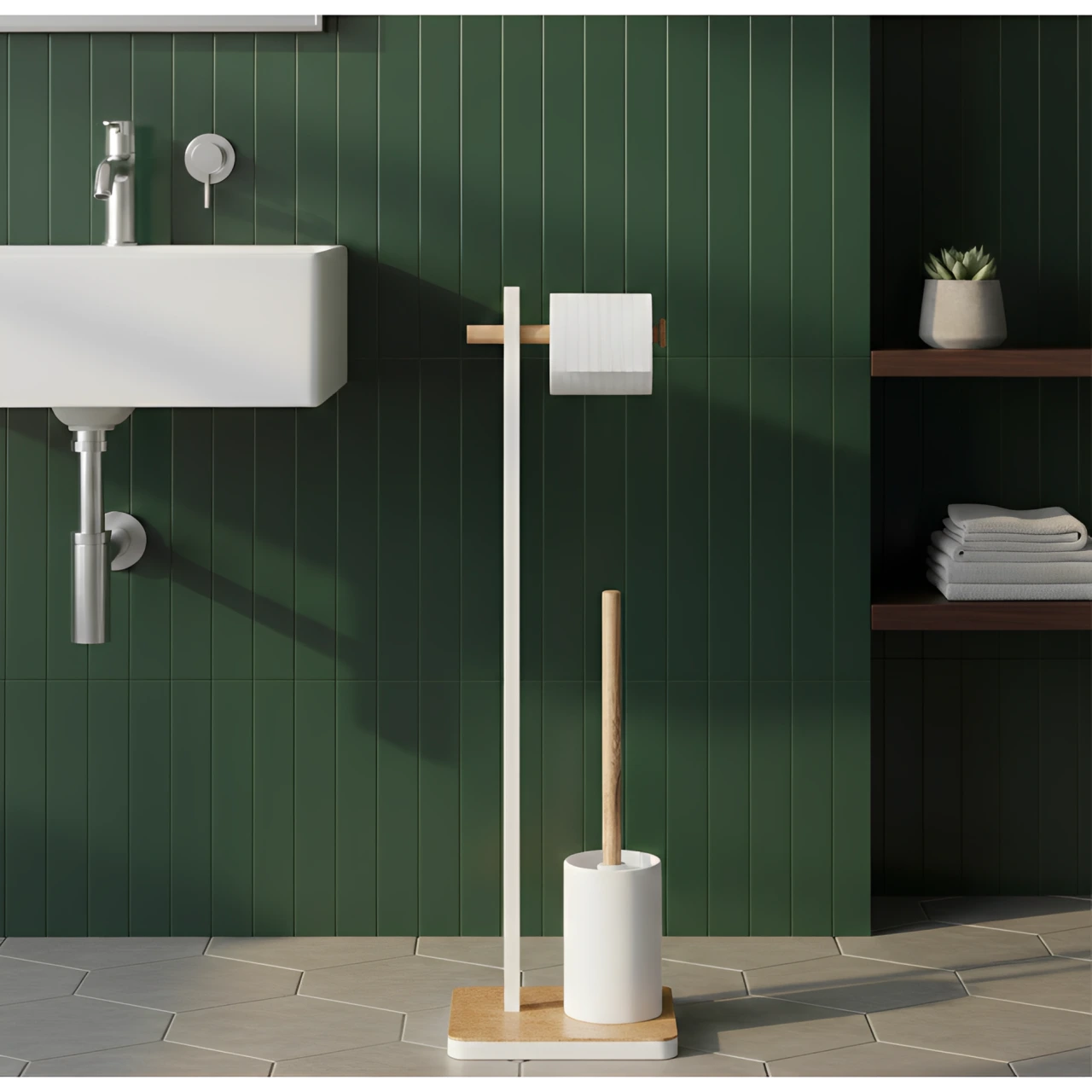 Set suport pentru hartie igienica, suport perie de toaleta si perie de toaleta, metal si bambus, Alb/Maro, 22 x 18 x 75 cm [2]
