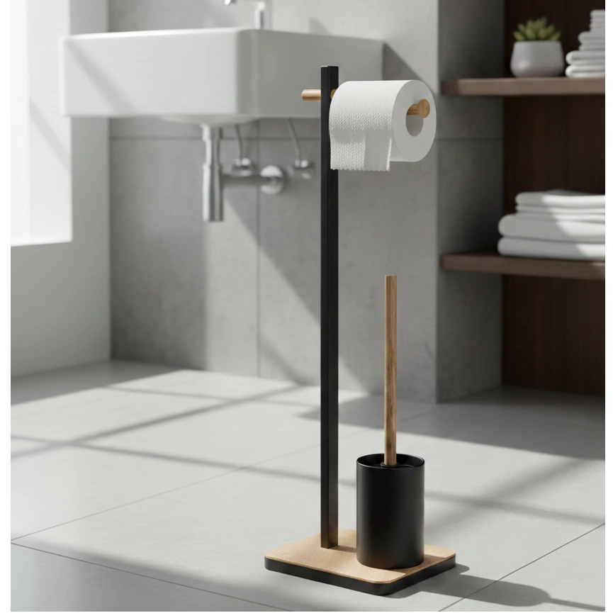 Set suport pentru hartie igienica, suport perie de toaleta si perie de toaleta, metal si bambus, Negru/Maro, 22 x 18 x 75 cm [2]