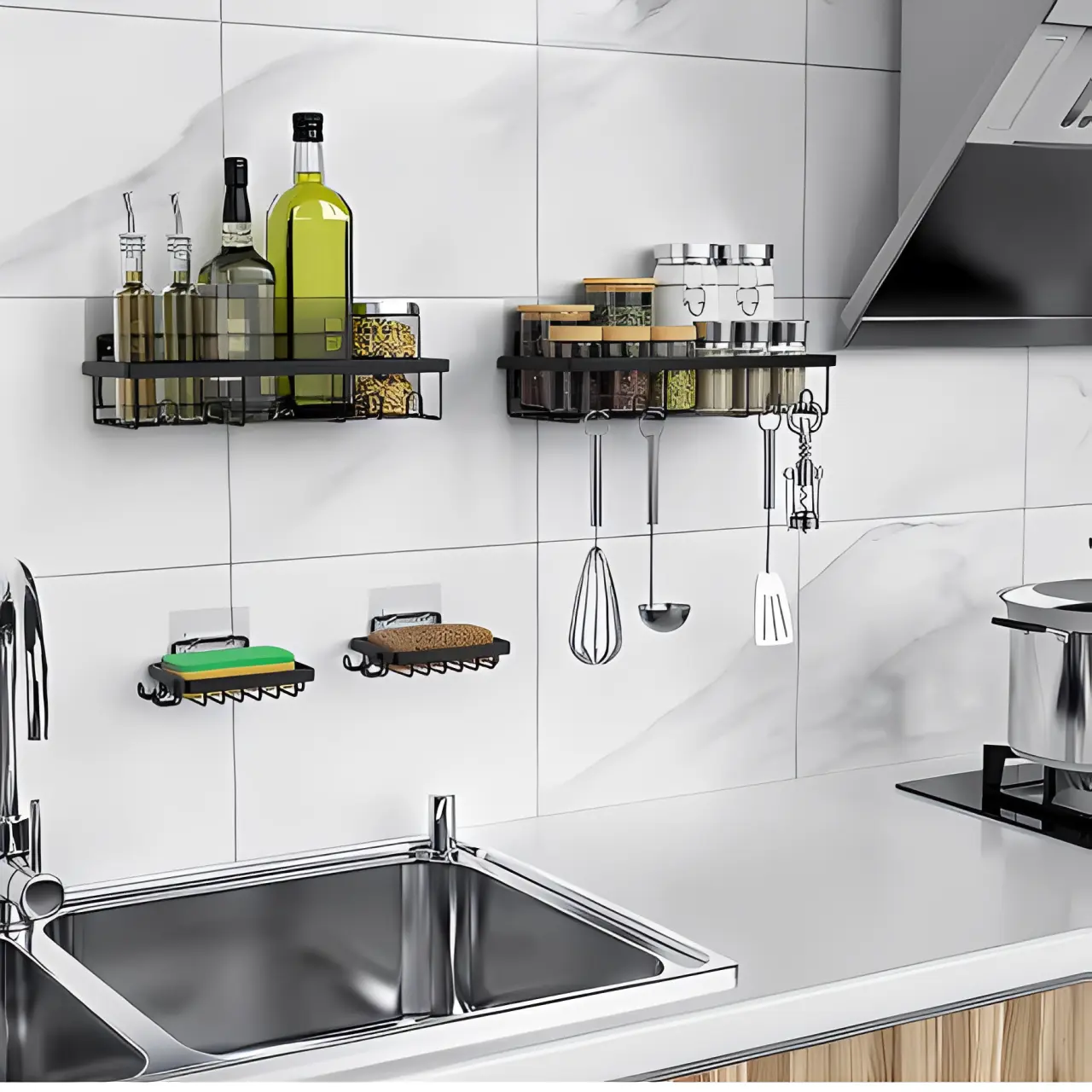 Set suporturi metalice, organizatoare, de perete, etajere depozitare, Negru, 4 buc [4]