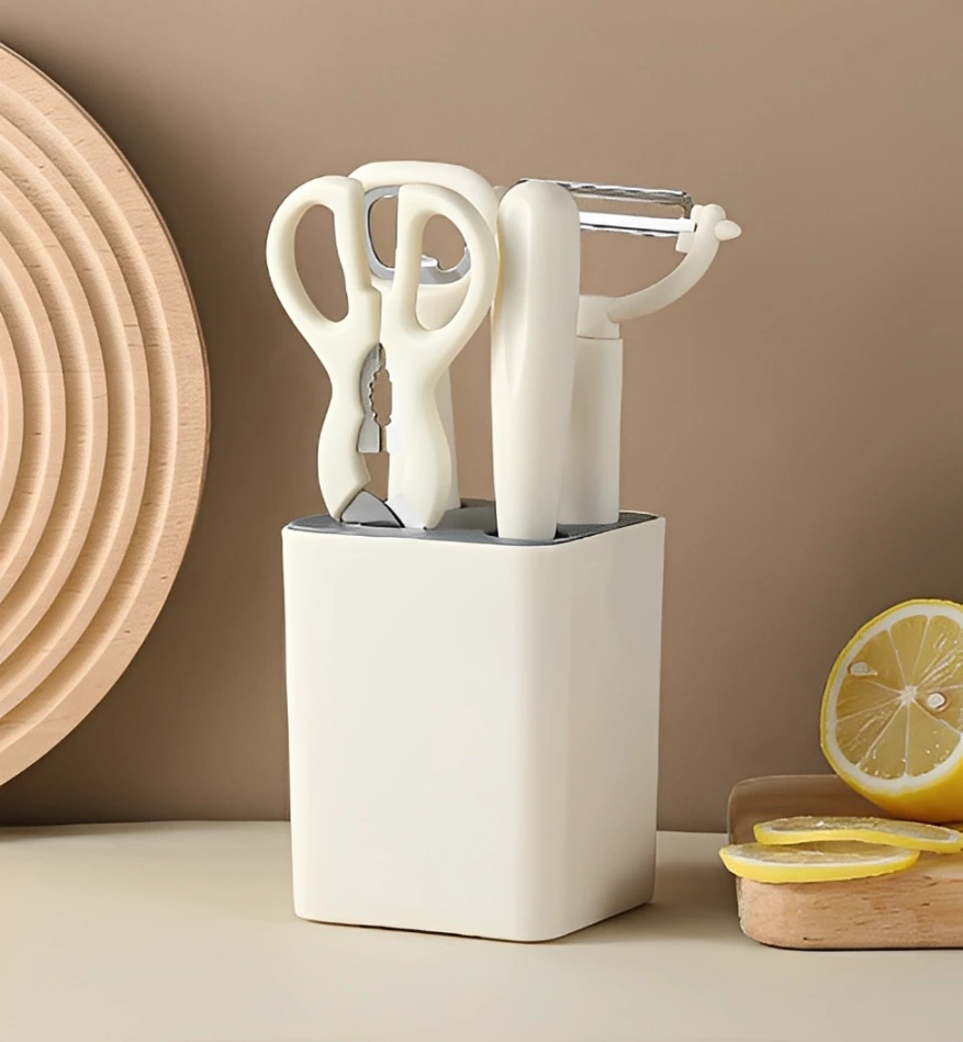 Set ustensile de bucatarie, cutit, foarfeca, desfacator, decojitor, suport ustensile, Crem , 5 piese [6]