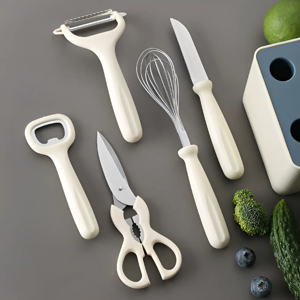 Set ustensile de bucatarie, cutit, foarfeca, desfacator, decojitor, tel, suport ustensile, Crem , 6 piese [2]
