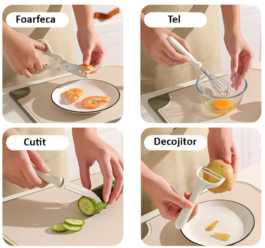 Set ustensile de bucatarie, cutit, foarfeca, desfacator, decojitor, tel, suport ustensile, Crem , 6 piese [3]