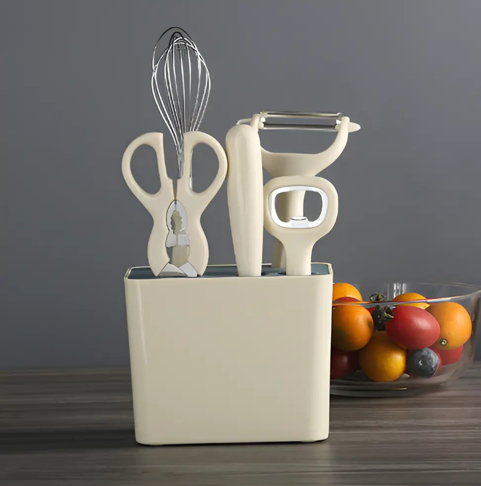 Set ustensile de bucatarie, cutit, foarfeca, desfacator, decojitor, tel, suport ustensile, Crem , 6 piese [6]