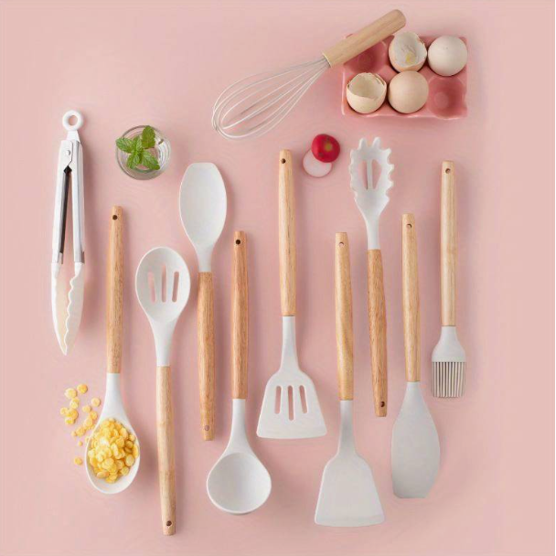 Set ustensile de bucatarie, din silicon, include ustensile, cutite, foarfeca, tocator, suport, Alb, 19 piese [3]