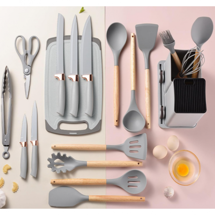 Set ustensile de bucatarie, din silicon, include ustensile, cutite, foarfeca, tocator, suport, Gri, 19 piese [5]