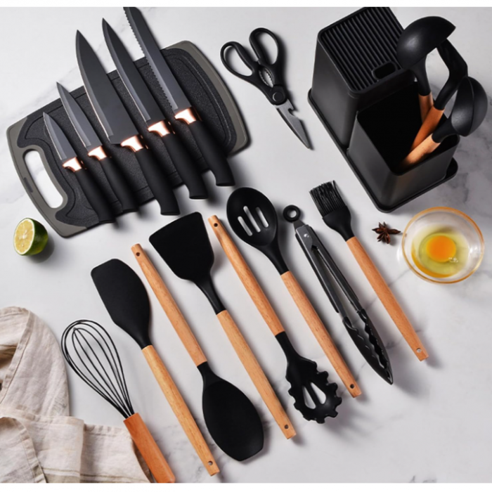 Set ustensile de bucatarie, din silicon, include ustensile, cutite, foarfeca, tocator, suport, Negru, 19 piese [4]