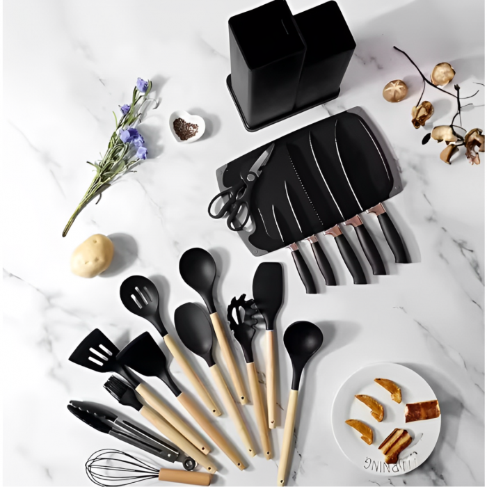 Set ustensile de bucatarie, din silicon, include ustensile, cutite, foarfeca, tocator, suport, Negru, 19 piese [3]
