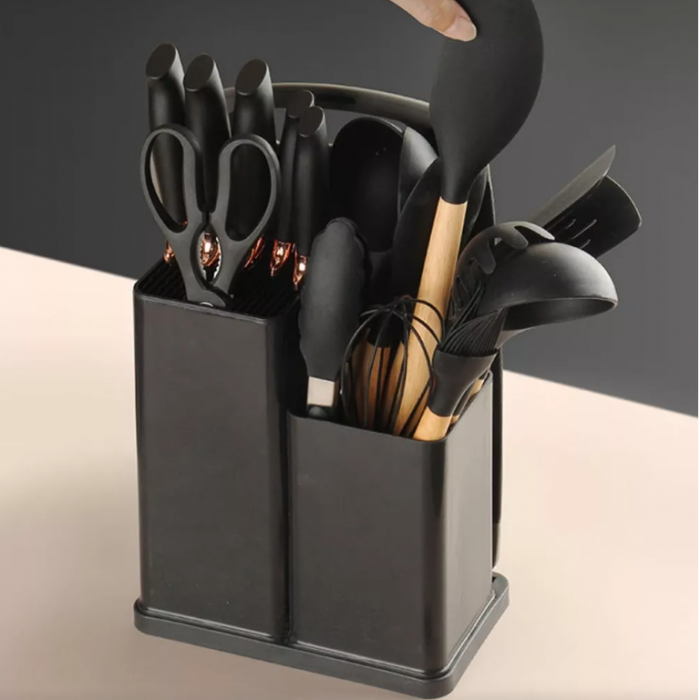 Set ustensile de bucatarie, din silicon, include ustensile, cutite, foarfeca, tocator, suport, Negru, 19 piese [6]