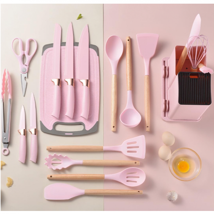Set ustensile de bucatarie, din silicon, include ustensile, cutite, foarfeca, tocator, suport, Roz, 19 piese [6]