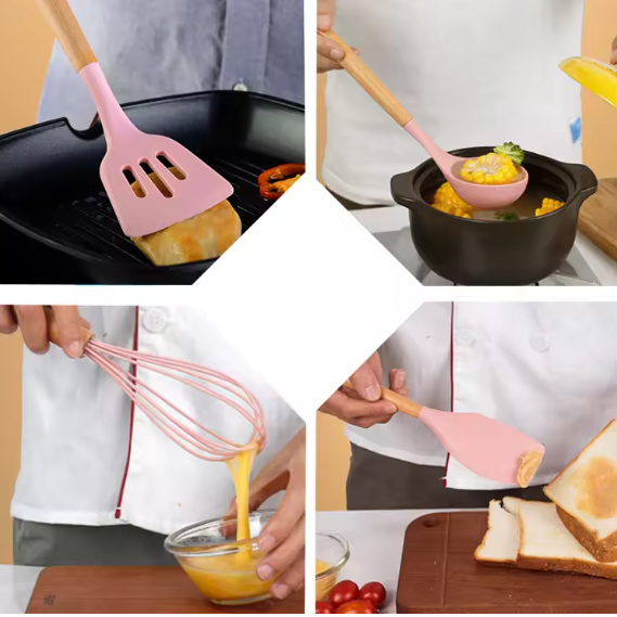 Set ustensile de bucatarie, din silicon, include ustensile, cutite, foarfeca, tocator, suport, Roz, 19 piese [4]