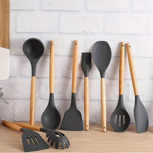 Set ustensile de bucatarie, din silicon, include ustensile, suport, Gri, 12 piese [4]