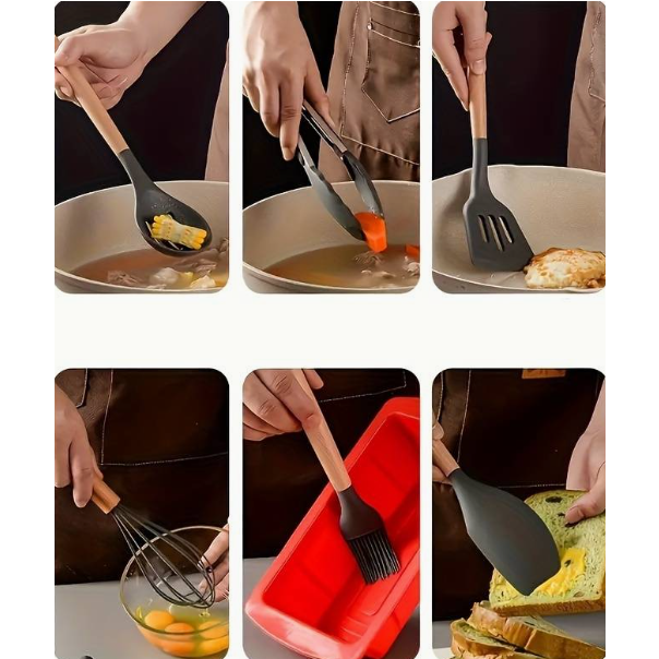 Set ustensile de bucatarie, din silicon, include ustensile, suport, Negru, 12 piese [5]