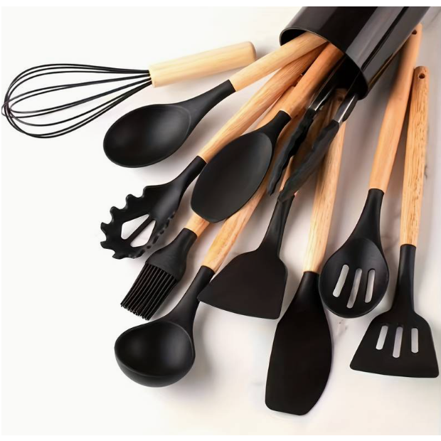 Set ustensile de bucatarie, din silicon, include ustensile, suport, Negru, 12 piese [3]