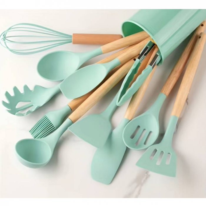Set ustensile de bucatarie, din silicon, include ustensile, suport, Verde, 12 piese [2]