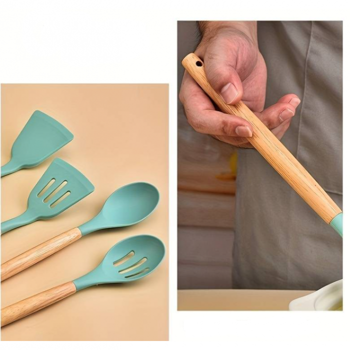 Set ustensile de bucatarie, din silicon, include ustensile, suport, Verde, 12 piese [3]