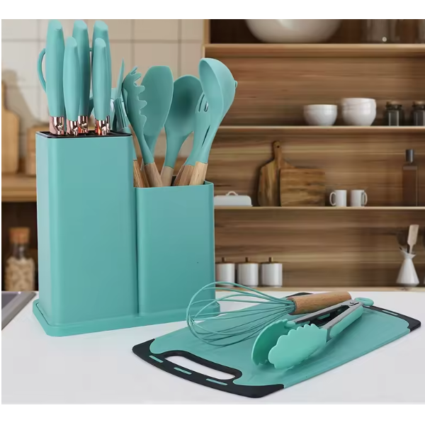 Set ustensile de bucatarie din silicon, tocator, cutite, ustensile, suport, Turcoaz, 19 piese [3]