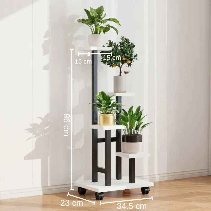 Suport decorativ pentru ghivece, cu roti, polite din MDF, structura metalica, Alb/Negru, 34.5 x 23 x 86 cm [6]