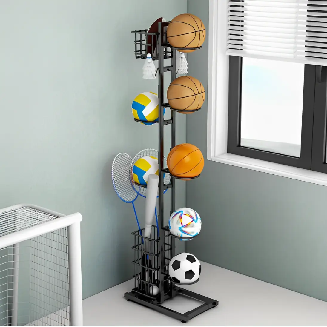 Suport metalic, 7 spatii pentru mingi, 2 cosuri, 2 carlige, organizator jucarii, palete si fluturasi badminton, negru, 40 x 19 x 155 cm [4]