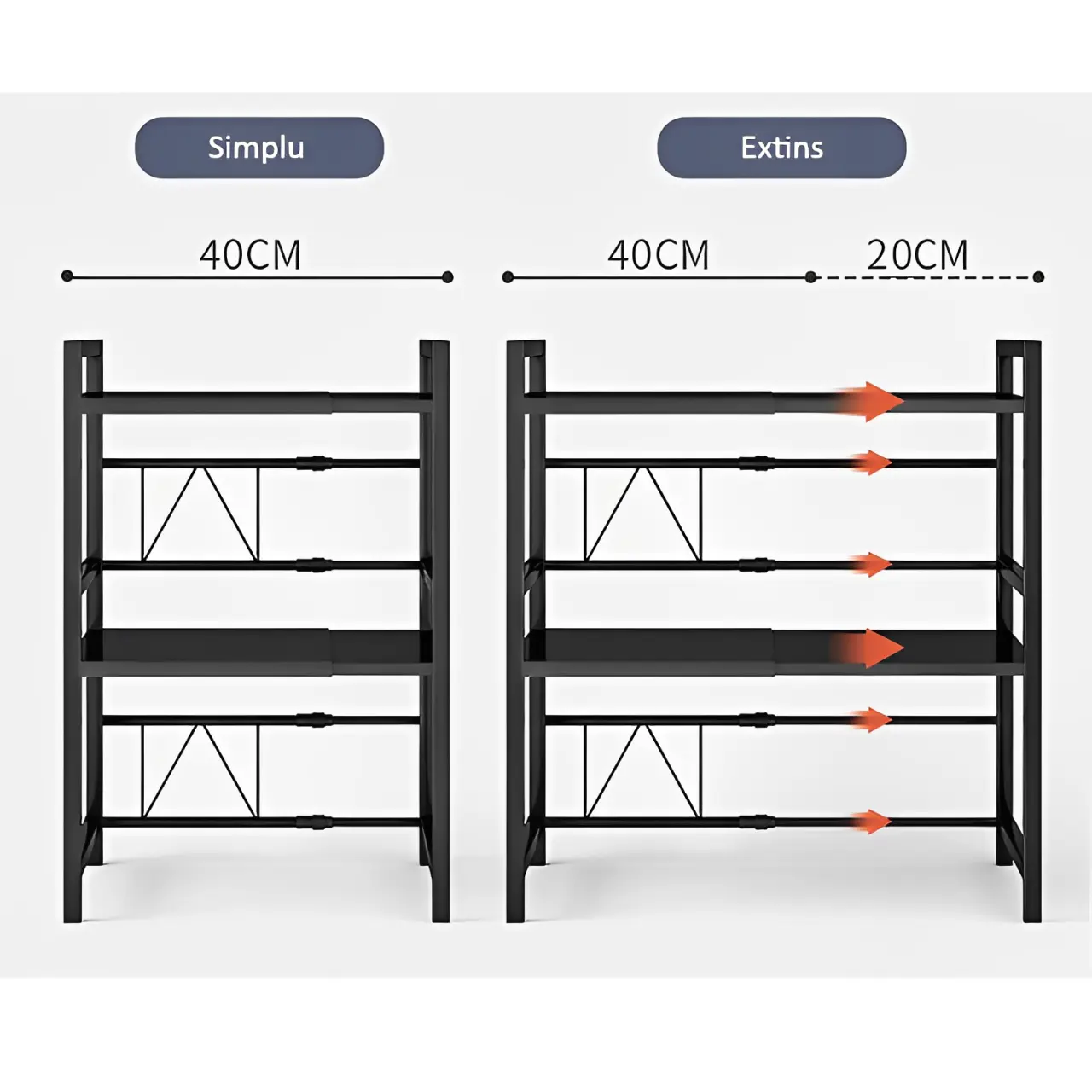 Suport metalic cuptor cu microunde, multifunctional, extensibil, organizator bucatarie,  3 niveluri, 3 carlige metalice, Negru, 40-60 x 32 x 78 cm [4]