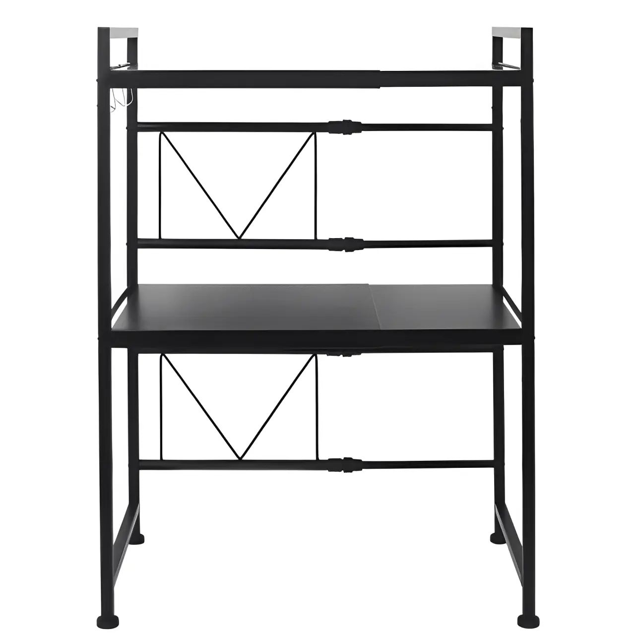 Suport metalic cuptor cu microunde, multifunctional, extensibil, organizator bucatarie,  3 niveluri, 3 carlige metalice, Negru, 40-60 x 32 x 78 cm [5]