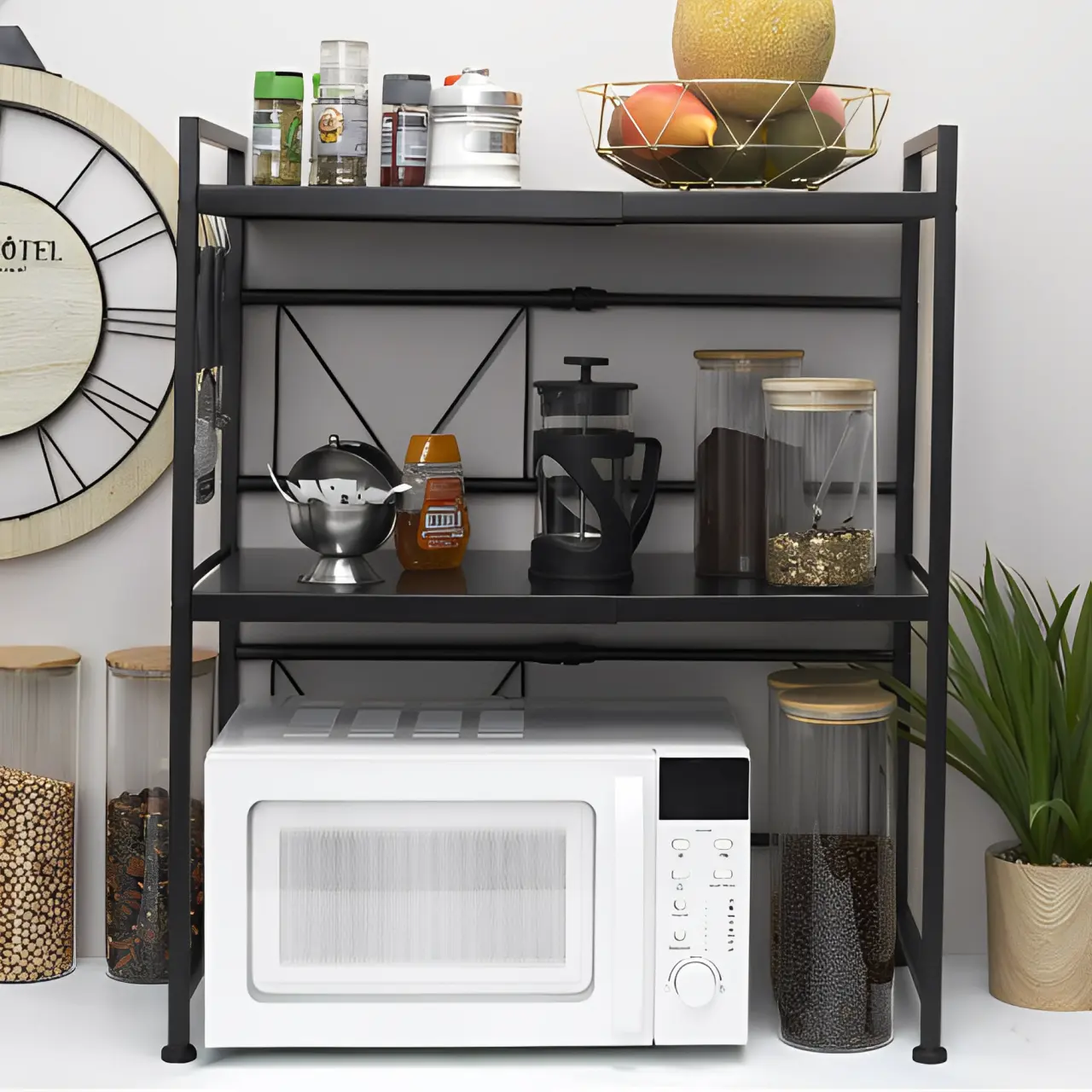 Suport metalic cuptor cu microunde, multifunctional, extensibil, organizator bucatarie,  3 niveluri, 3 carlige metalice, Negru, 40-60 x 32 x 78 cm [3]