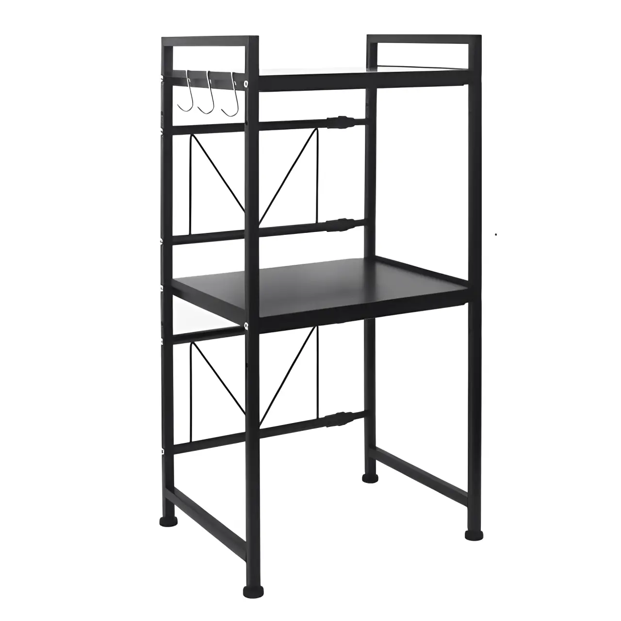 Suport metalic cuptor cu microunde, multifunctional, extensibil, organizator bucatarie,  3 niveluri, 3 carlige metalice, Negru, 40-60 x 32 x 78 cm [6]