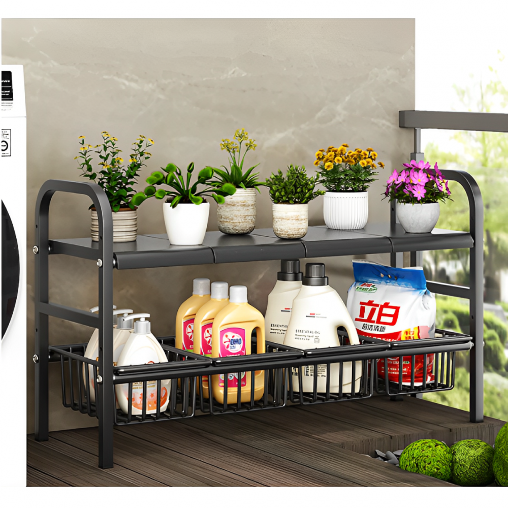 Suport metalic extensibil cu 2 niveluri, 4 polite, 4 cosuri, Negru, 55-85 x 38 x 53 cm [5]