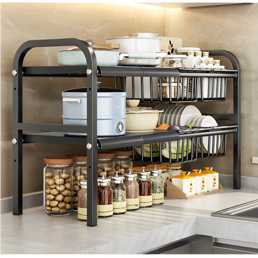 Suport metalic extensibil cu 2 niveluri, 4 polite, 4 cosuri, Negru, 55-85 x 38 x 53 cm [6]