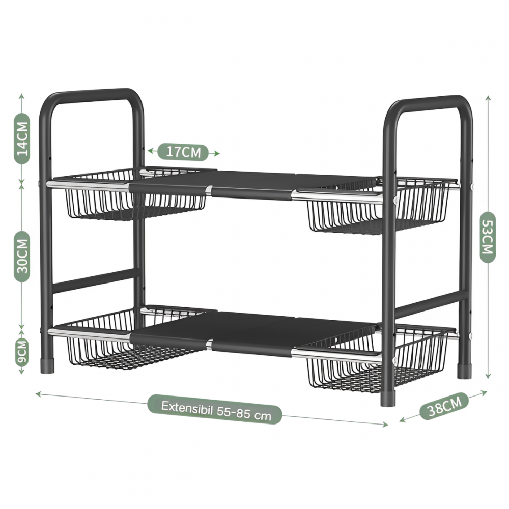 Suport metalic extensibil cu 2 niveluri, 4 polite, 4 cosuri, Negru, 55-85 x 38 x 53 cm [2]