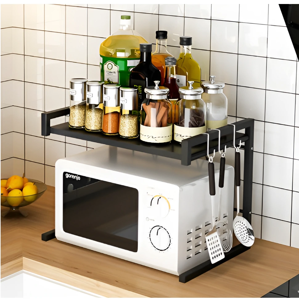 Suport metalic extensibil cuptor cu microunde, organizator bucatarie, depozitare, multifunctional, negru, 41-63 x 36 x 42 cm [2]