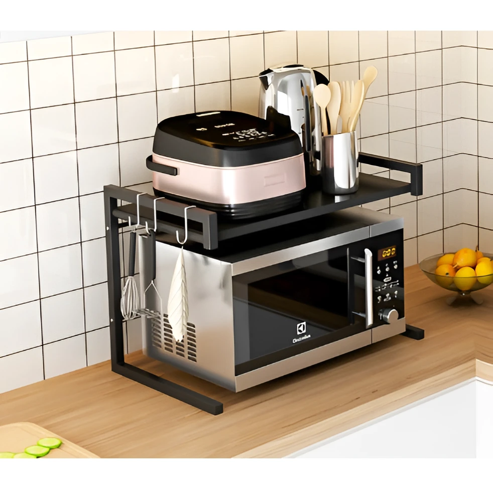 Suport metalic extensibil cuptor cu microunde, organizator bucatarie, depozitare, multifunctional, negru, 41-63 x 36 x 42 cm [3]