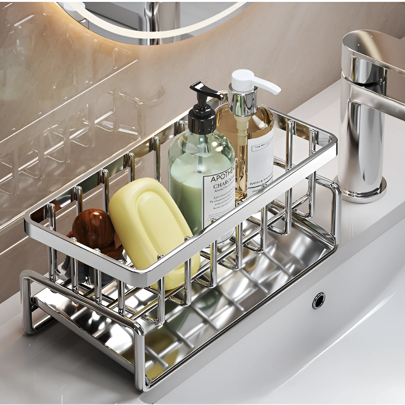 Suport metalic pentru buretele de vase, din inox, cu fanta inclinata de scurgere a apei , suport laveta, Gri, 23 x 10 x 9 cm [4]