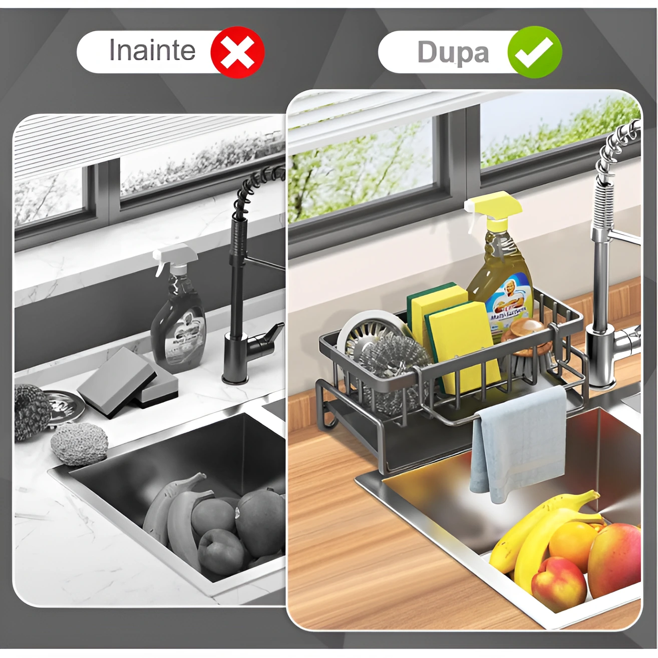 Suport metalic pentru buretele de vase, din inox, cu fanta inclinata de scurgere a apei , suport laveta, Gri, 23 x 10 x 9 cm [5]