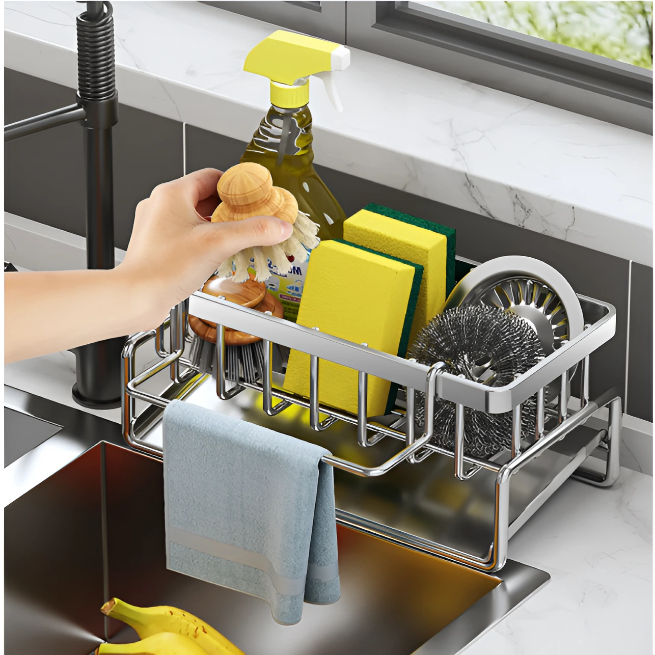 Suport metalic pentru buretele de vase, din inox, cu fanta inclinata de scurgere a apei , suport laveta, Gri, 23 x 10 x 9 cm [2]