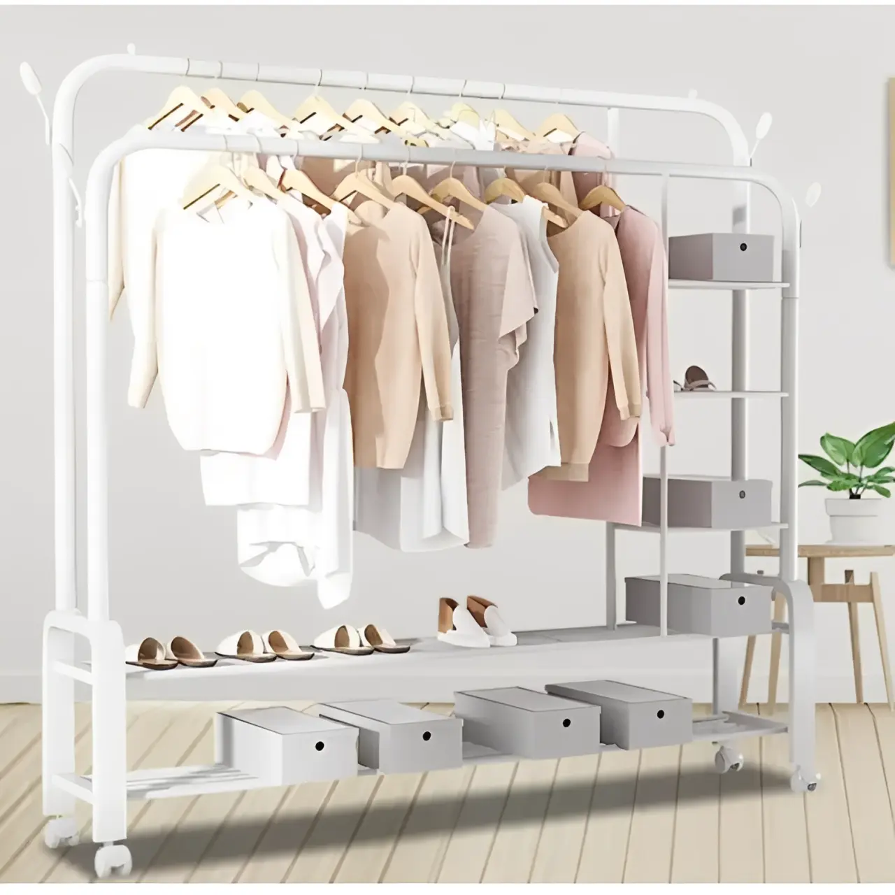 Suport metalic pentru haine cu 2 bare, inaltimi diferite, cu roti, spatiu incaltaminte, spatiu accesorii, Alb, 110 x 54.5 x 130/150 cm [3]