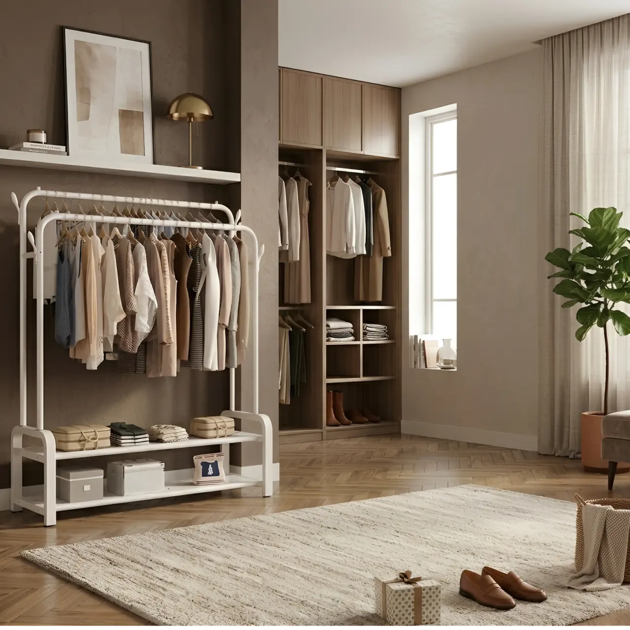 Suport metalic pentru haine cu 2 bare, inaltimi diferite, spatiu incaltaminte, Alb, 110 x 54.5 x 130/150 cm [6]