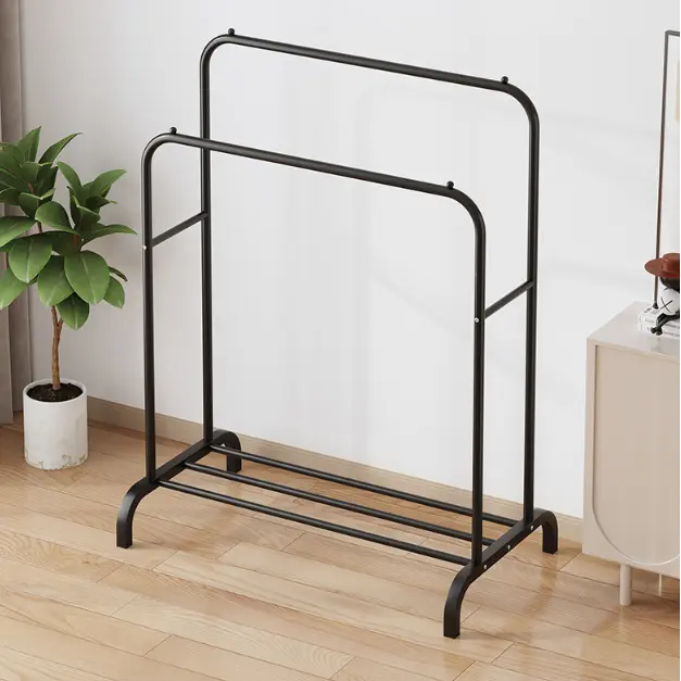 Suport metalic pentru haine cu 2 bare, inaltimi diferite, spatiu incaltaminte, Negru, 110 x 54.5 x 150 cm [6]