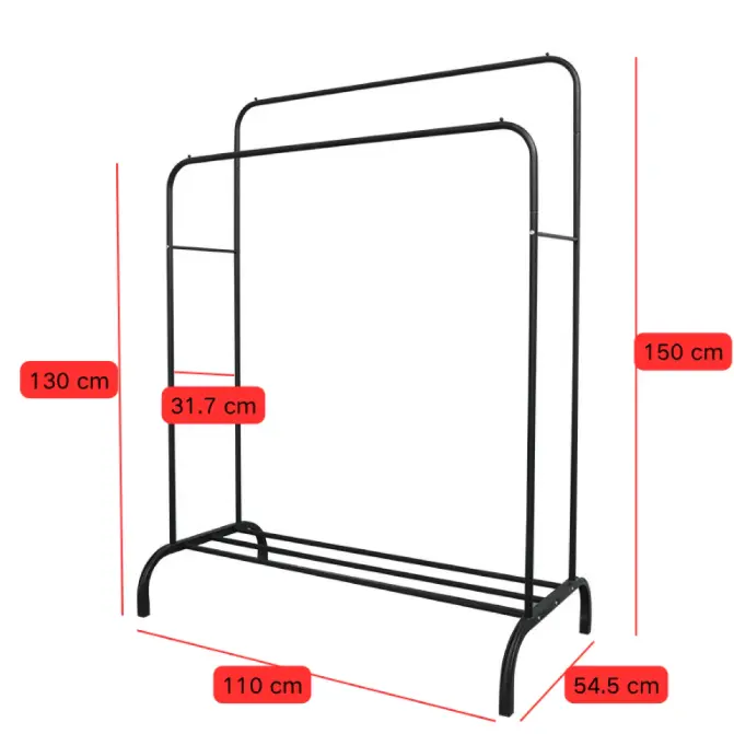 Suport metalic pentru haine cu 2 bare, inaltimi diferite, spatiu incaltaminte, Negru, 110 x 54.5 x 150 cm [2]