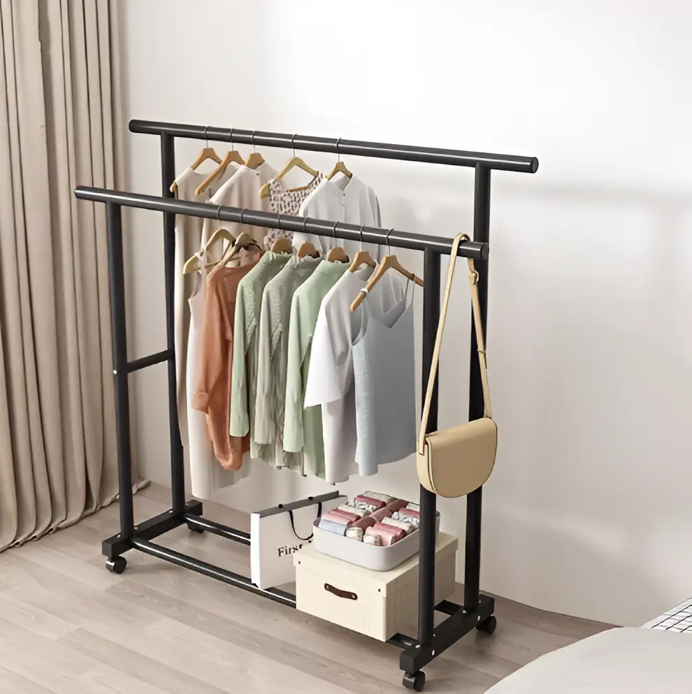 Suport metalic pentru haine cu 2 bare, inaltimi diferite, spatiu incaltaminte, roti, Negru, 100 x 40 x 152 cm [3]