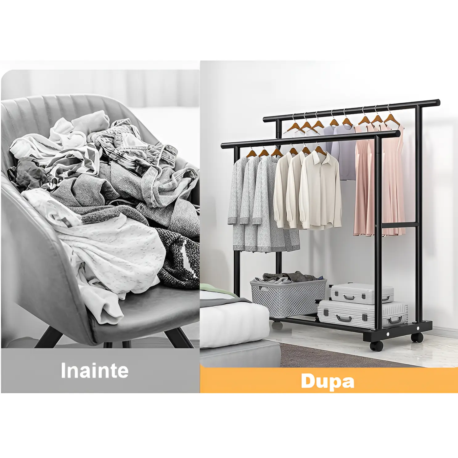 Suport metalic pentru haine cu 2 bare, inaltimi diferite, spatiu incaltaminte, roti, Negru, 100 x 40 x 152 cm [5]