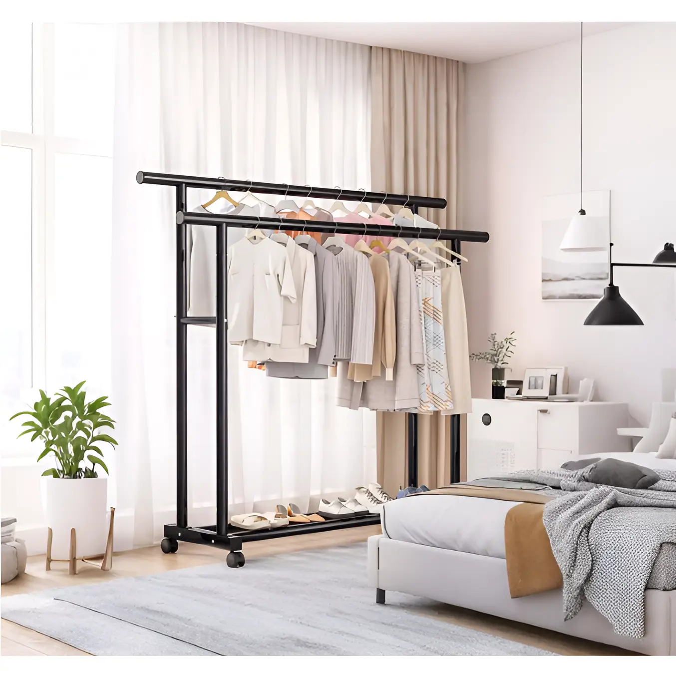 Suport metalic pentru haine cu 2 bare, inaltimi diferite, spatiu incaltaminte, roti, Negru, 100 x 40 x 152 cm [2]